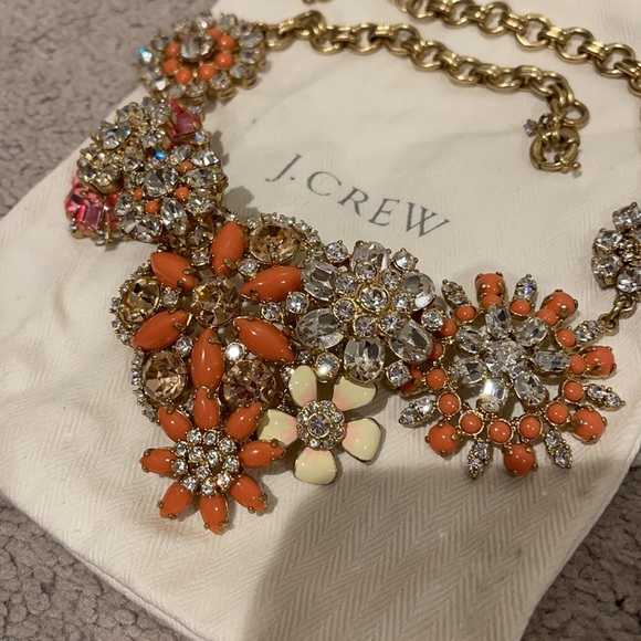 JCrew Lattice Statement Necklace Flowers and Rhinestones Gold Pink Peach - Picture 2 of 5